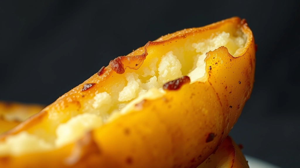 detail: close-up of single golden brown baked potato wedge showing crispy exterior and fluffy interior, photorealistic, natural light, no text