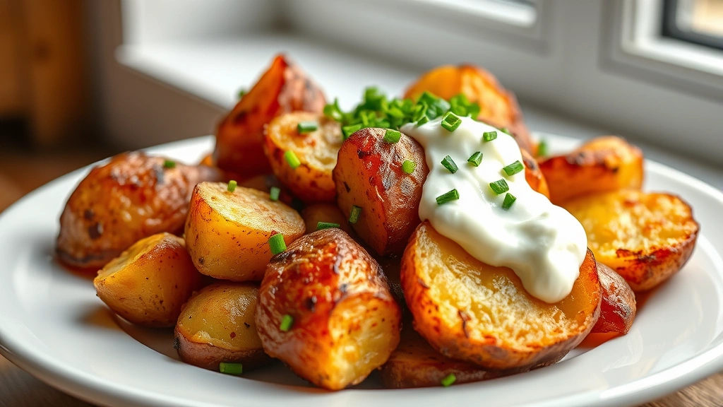 hero: golden crispy baked red potatoes on white plate with sour cream and chives, photorealistic, natural window light, no text