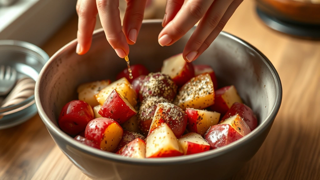 process: hands tossing red potatoes with olive oil and seasonings in bowl, photorealistic, warm kitchen lighting, no text