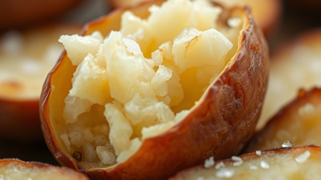 detail: close-up of halved baked red potato showing fluffy interior and crispy skin with sea salt, photorealistic, natural light, no text