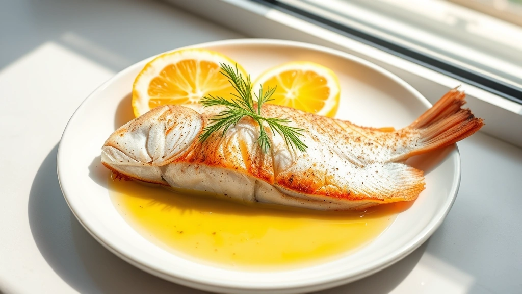 hero: perfectly baked red snapper fillet on white plate with fresh lemon slices, dill garnish, and melted butter sauce, natural window light, minimalist plating, elegant presentation