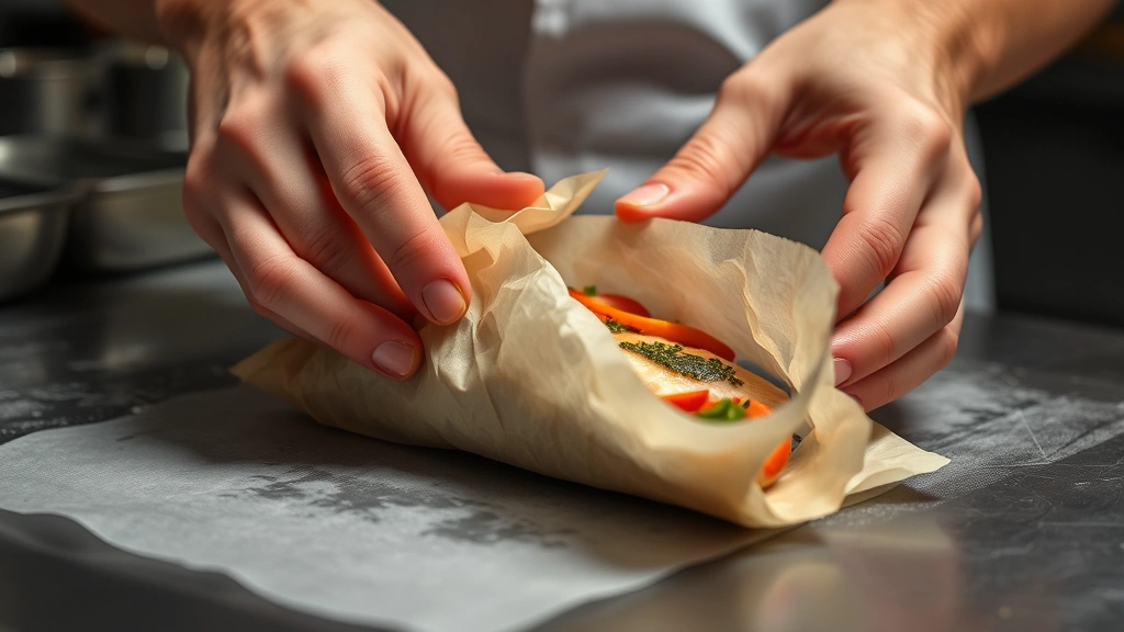 process: hands carefully crimping parchment paper packet sealed with fish and aromatic vegetables inside, professional kitchen lighting, close-up action shot