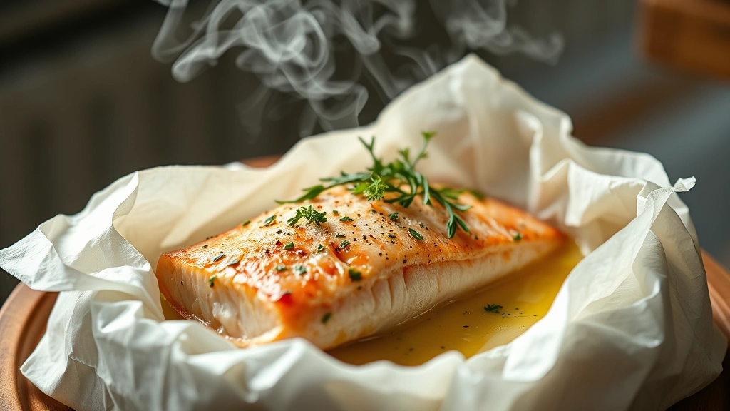 detail: close-up of opened parchment packet revealing steaming red snapper with lemon, fennel, fresh herbs, and golden butter sauce, steam rising, natural daylight, food styling