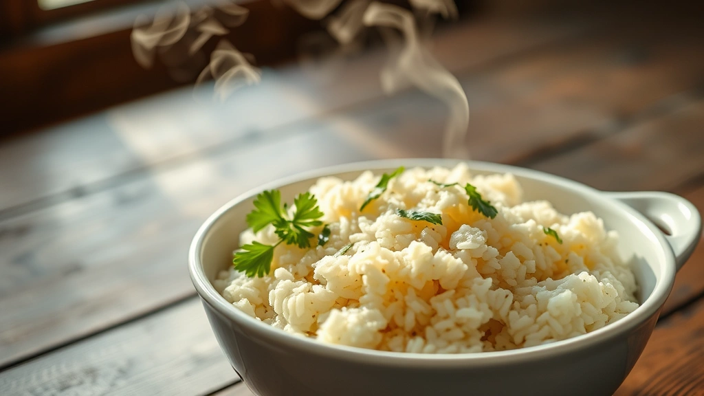 hero: fluffy baked rice in a white ceramic serving bowl, steam rising gently, garnished with fresh green parsley, warm golden lighting from window, rustic wooden table surface, shallow depth of field