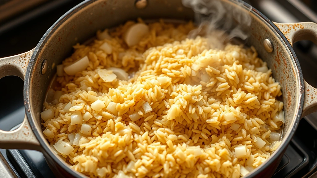 process: sautéed onions and rice toasting in melted butter in a baking dish, golden-brown rice grains visible, steam visible, warm kitchen lighting, professional food photography style