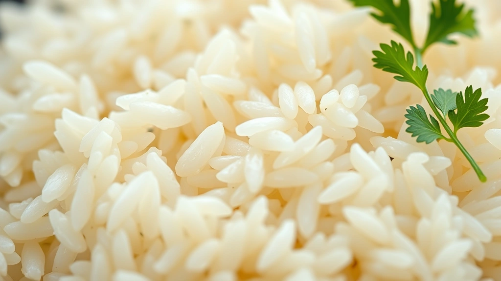 detail: close-up of perfectly cooked individual rice grains, fluffy and separated, with fresh parsley garnish, shallow depth of field, natural daylight, macro photography style
