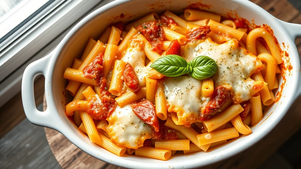 hero: baked rigatoni in white ceramic baking dish, melted golden-brown mozzarella cheese on top, bubbling around edges, fresh basil garnish, overhead shot, natural window light, rustic Italian style plating, no text