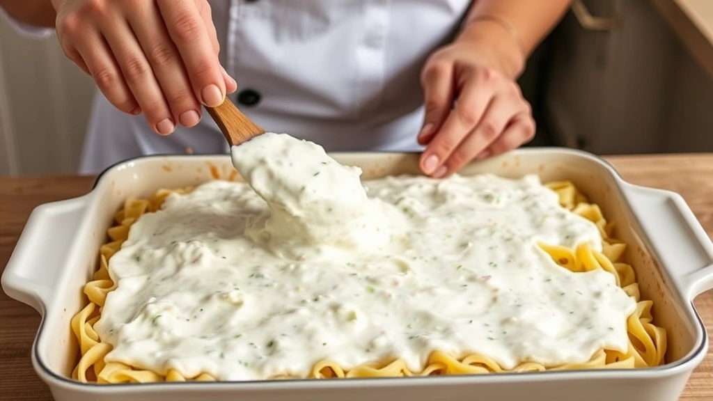 process: chef spreading creamy ricotta mixture over pasta layer in baking dish, wooden spoon, hands visible, natural kitchen lighting, warm tones, in-progress casserole assembly, no text
