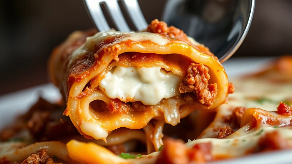 detail: close-up cross-section of baked rigatoni showing layers of pasta, meat sauce, ricotta filling, and melted cheese, steam rising, fork lifting bite, shallow depth of field, no text