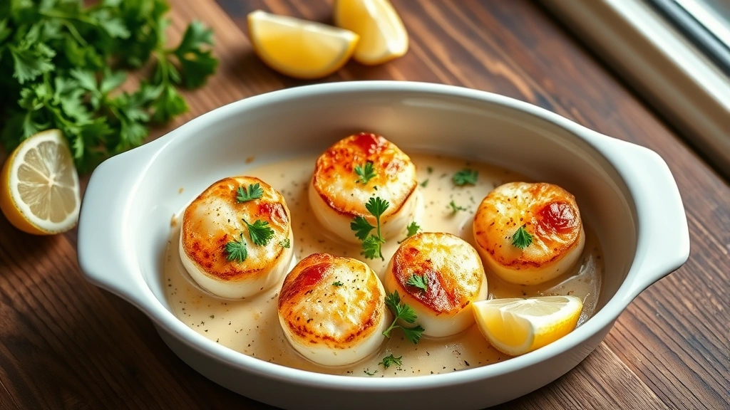 hero: golden-topped baked scallops in a white ceramic dish, garnished with fresh parsley and lemon wedges, photographed from above with natural window light, rustic wooden table background