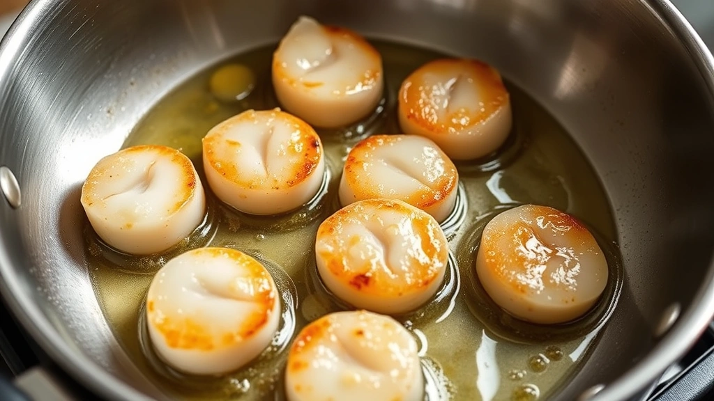 process: scallops searing in a stainless steel skillet with melted butter and garlic, showing the golden crust developing, photographed from the side with steam visible, natural kitchen light