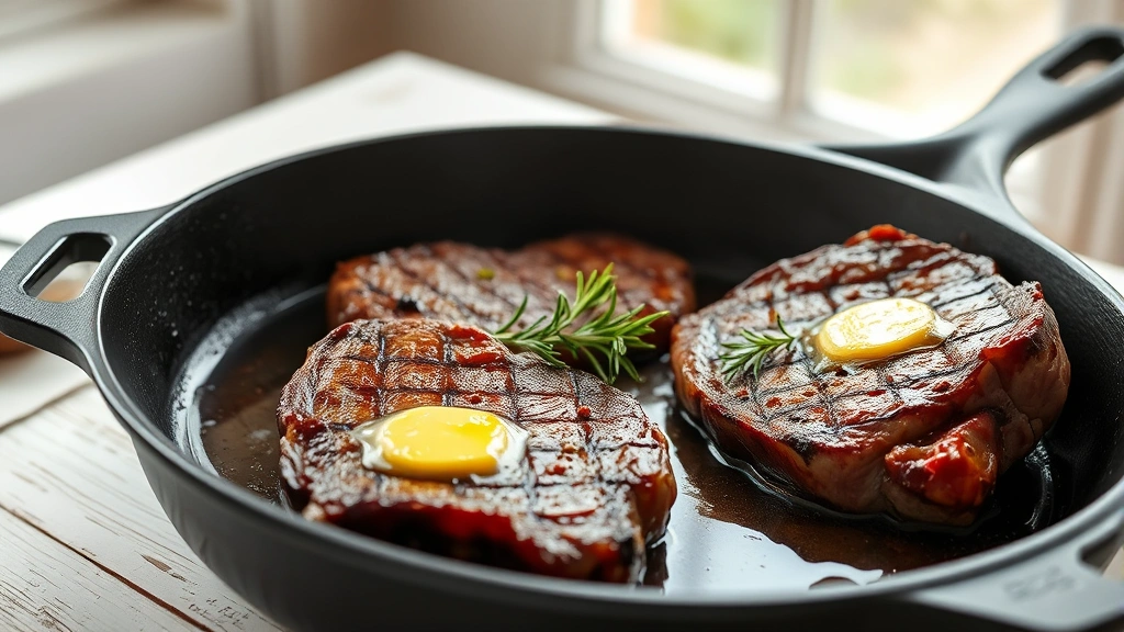 hero: perfectly baked steaks on a cast iron skillet with rosemary and butter, golden brown crust, dripping juices, warm natural lighting from window, rustic white table, food styling, no text