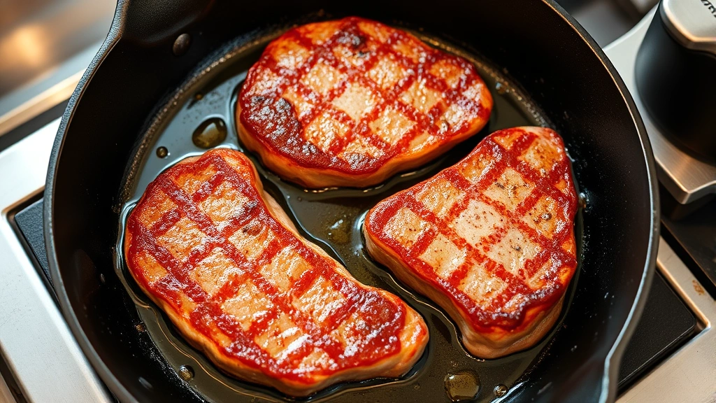 process: steaks being seared in hot cast iron skillet with oil splashing, golden crust forming, professional kitchen lighting, overhead angle, no text