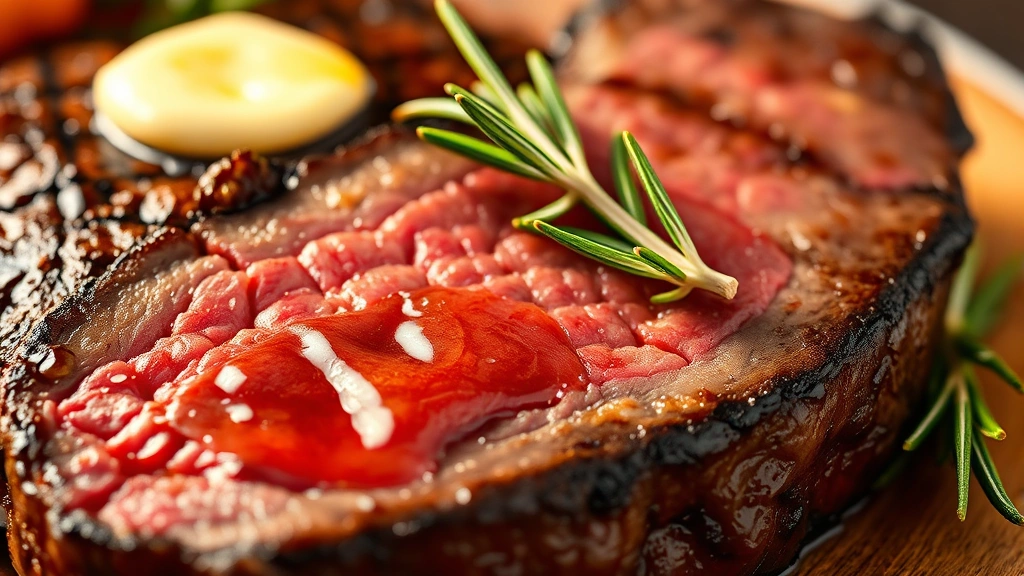 detail: close-up of cut steak showing pink medium-rare interior with juices pooling, butter and rosemary garnish, shallow depth of field, warm golden lighting, no text