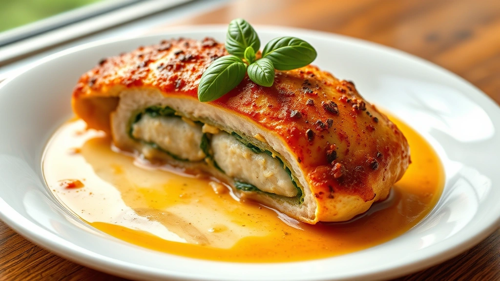 hero: golden-brown baked stuffed chicken breast on white plate with pan juices and fresh basil garnish, photorealistic, natural window light, no text