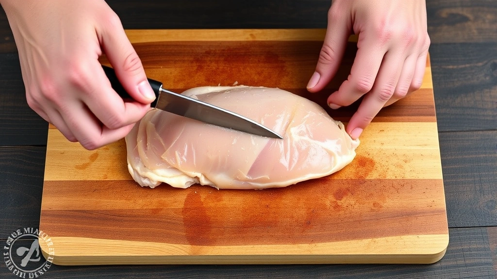 process: hands butterflying chicken breast with sharp knife on wooden cutting board, photorealistic, bright natural light, no text