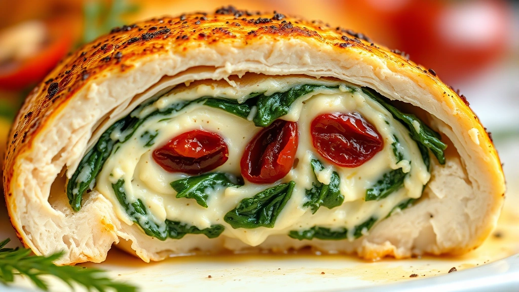 detail: close-up cross-section of baked stuffed chicken showing creamy filling with spinach and sun-dried tomatoes, photorealistic, shallow depth of field, no text