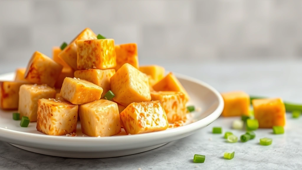 hero: golden-brown baked tofu cubes on white plate with sesame seeds and green onions, scattered against light gray background, photorealistic, natural window light, no text