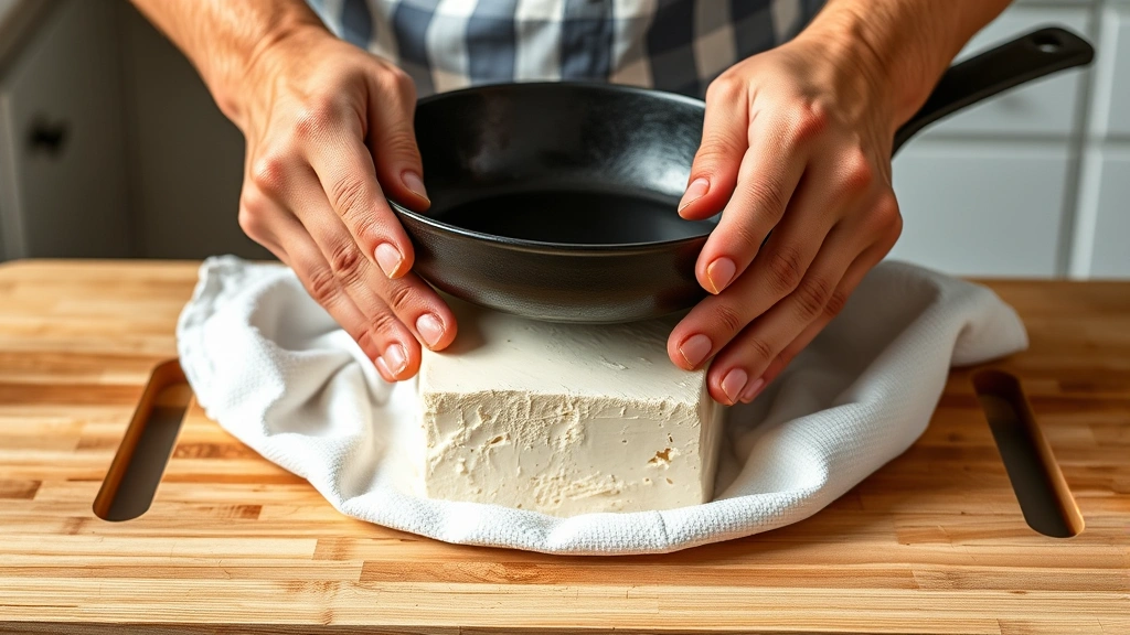 process: hands pressing tofu wrapped in kitchen towel with cast iron skillet on top, wooden cutting board, bright kitchen counter, photorealistic, natural light, no text