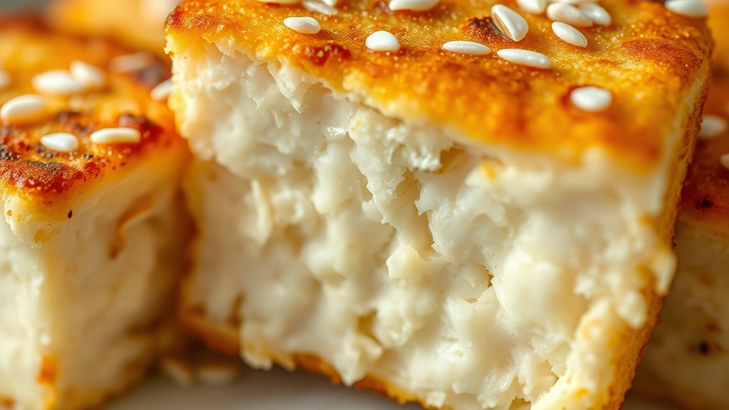 detail: close-up of crispy baked tofu cube cross-section showing crispy golden exterior and tender cream-colored interior, garnished with white sesame seed, photorealistic, macro photography, natural light, no text