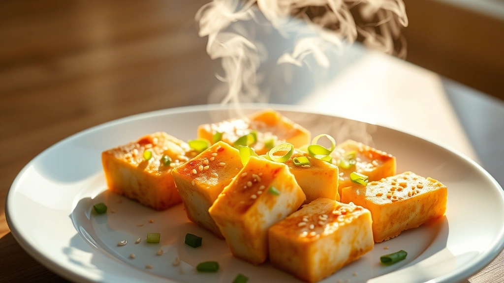 hero: golden crispy baked tofu slabs on white plate with sesame seeds and green onions, steam rising, warm natural sunlight from left, minimalist styling with wooden table