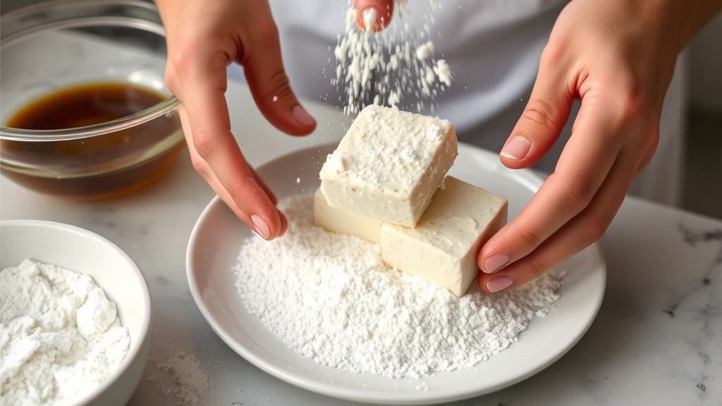 process: hands dredging tofu cube in cornstarch over shallow plate, marinade bowl nearby, flour dusting in air, natural window light, close action shot
