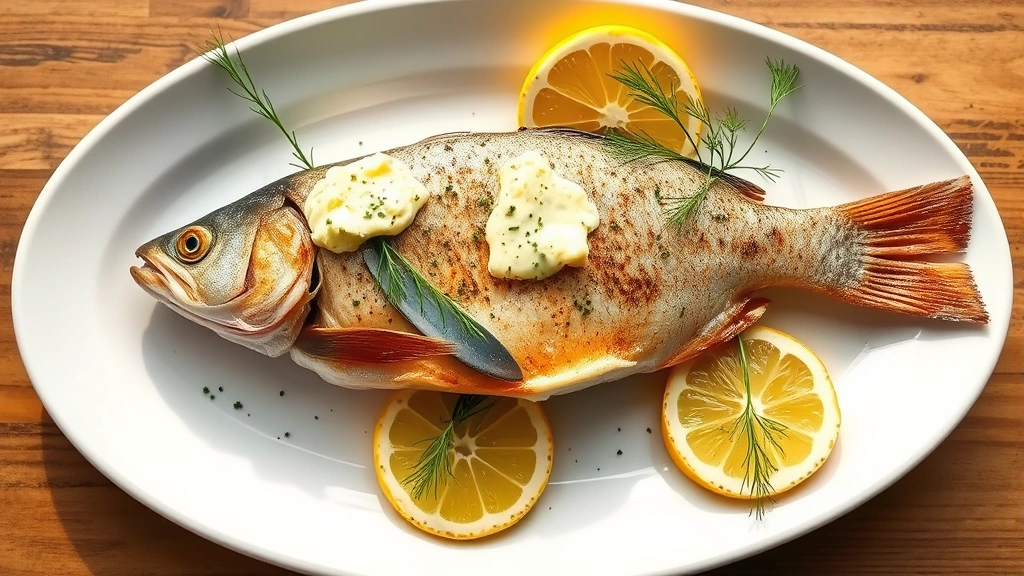 hero: whole baked trout with herb butter and lemon slices on white plate, golden skin, fresh dill garnish, natural window light, top-down angle, no text