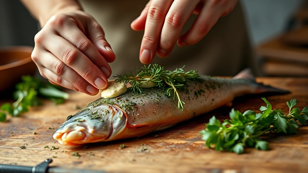 process: hands spreading herb butter on raw trout with fresh herbs visible, rustic kitchen counter, natural daylight, close action shot, no text