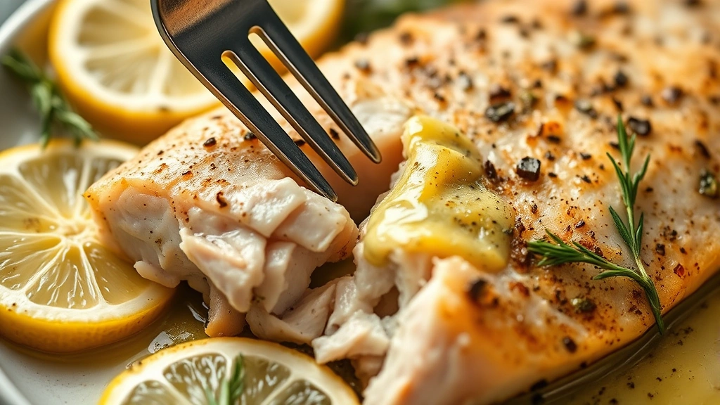 detail: close-up of baked trout fillet flaking apart with fork, showing moist flesh, lemon slices and herb butter, shallow depth of field, natural light, no text