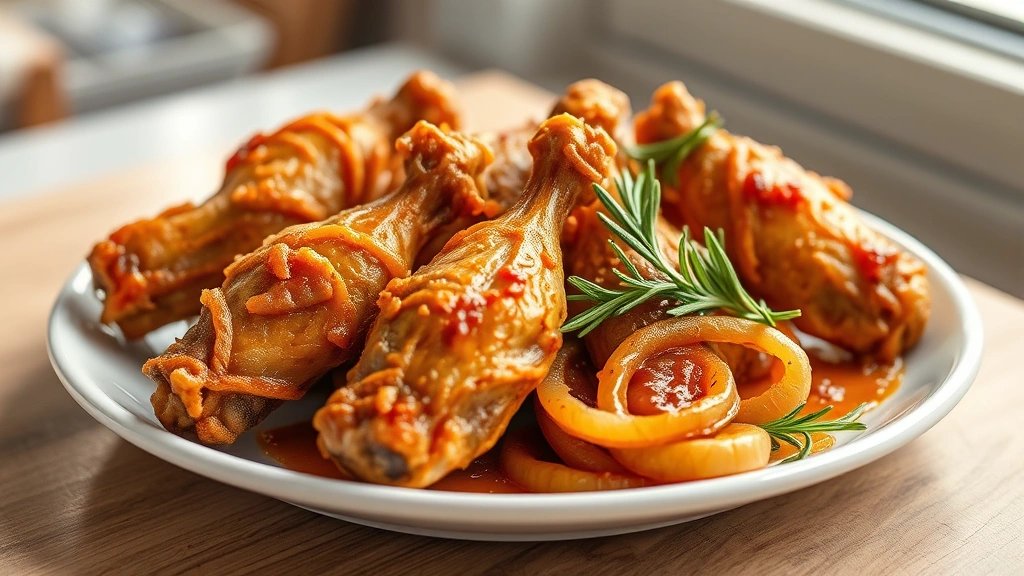 hero: golden-brown baked turkey wings on white ceramic plate with caramelized onions, fresh rosemary garnish, natural window light, shallow depth of field, food styling, no text or watermarks