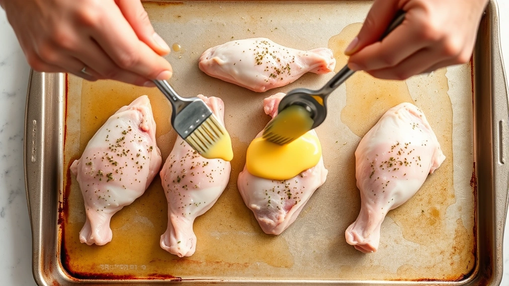 process: hands brushing butter and herb mixture onto raw turkey wings on sheet pan, clear liquid coating, natural kitchen lighting, overhead angle, food photography, no text