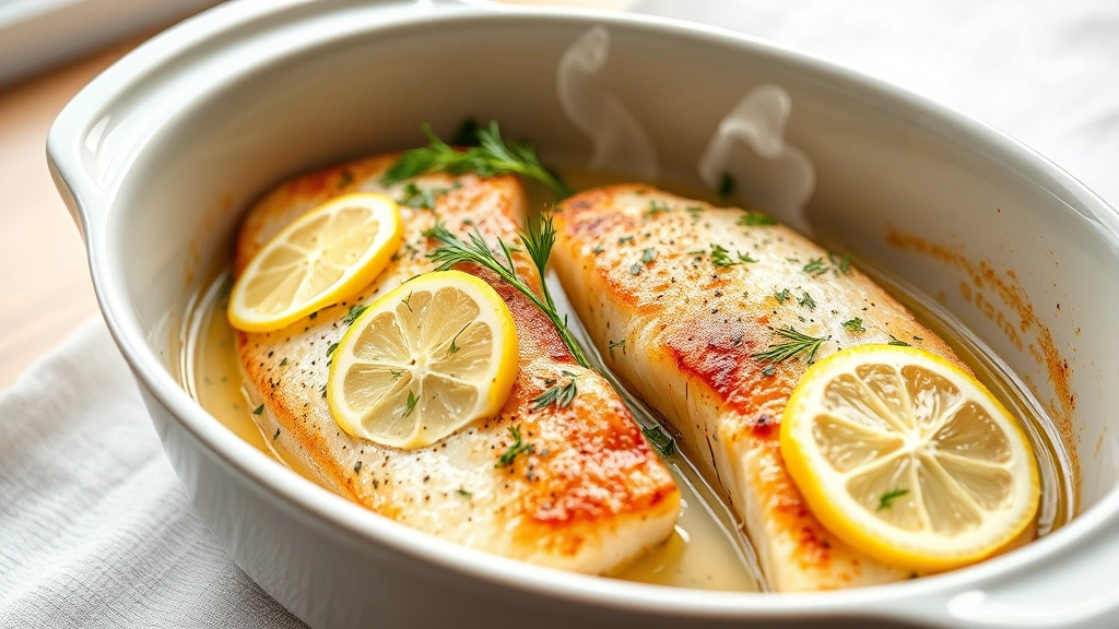 hero: golden-brown baked walleye pike fillets in white ceramic baking dish, garnished with fresh dill and lemon slices, steam rising, natural window light, professional food photography