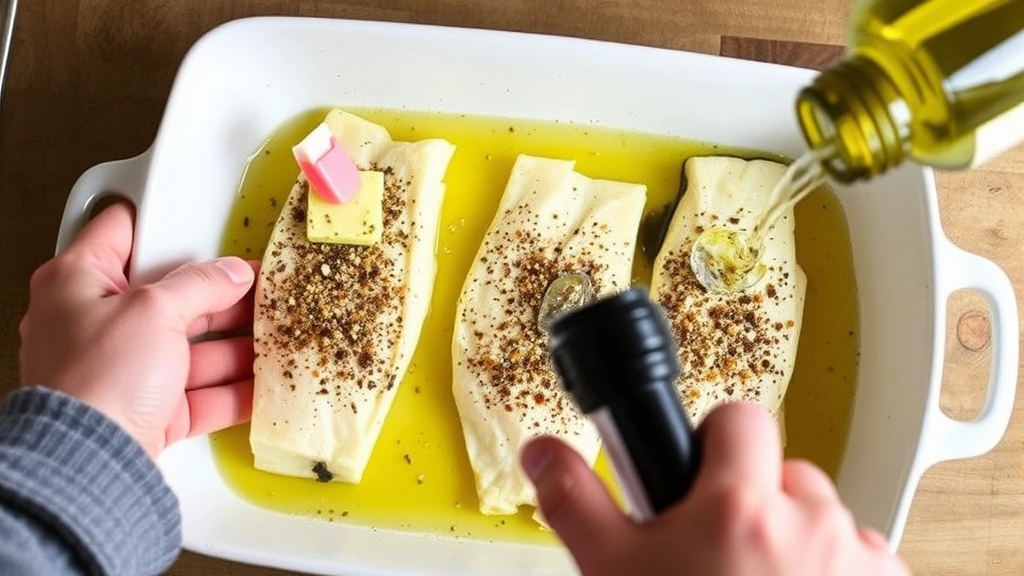 process: hands placing seasoned walleye fillets into buttered baking dish, compound butter visible on fish, white wine being poured around fillets, natural kitchen lighting