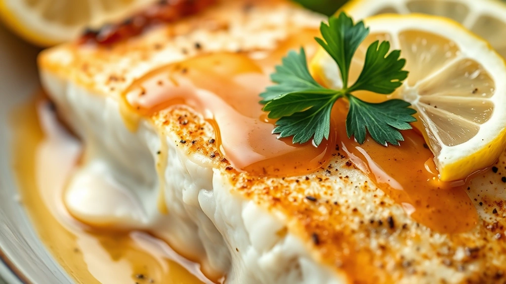 detail: close-up of perfectly flaked baked walleye pike showing tender white flesh, pan sauce drizzled over top, fresh parsley garnish, lemon slice, shallow depth of field