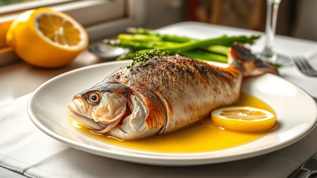 hero: perfectly baked walleye fillet on white plate with lemon slices and fresh thyme, golden butter sauce, asparagus spears on the side, photorealistic, natural window light, no text, elegant table setting