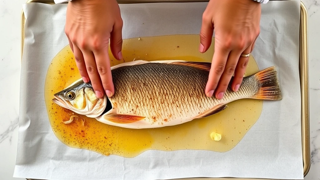 process: chef's hands placing seasoned walleye fillet skin-side down on parchment-lined baking sheet with butter and aromatics, garlic and onion visible, photorealistic, overhead angle, natural kitchen light, no text