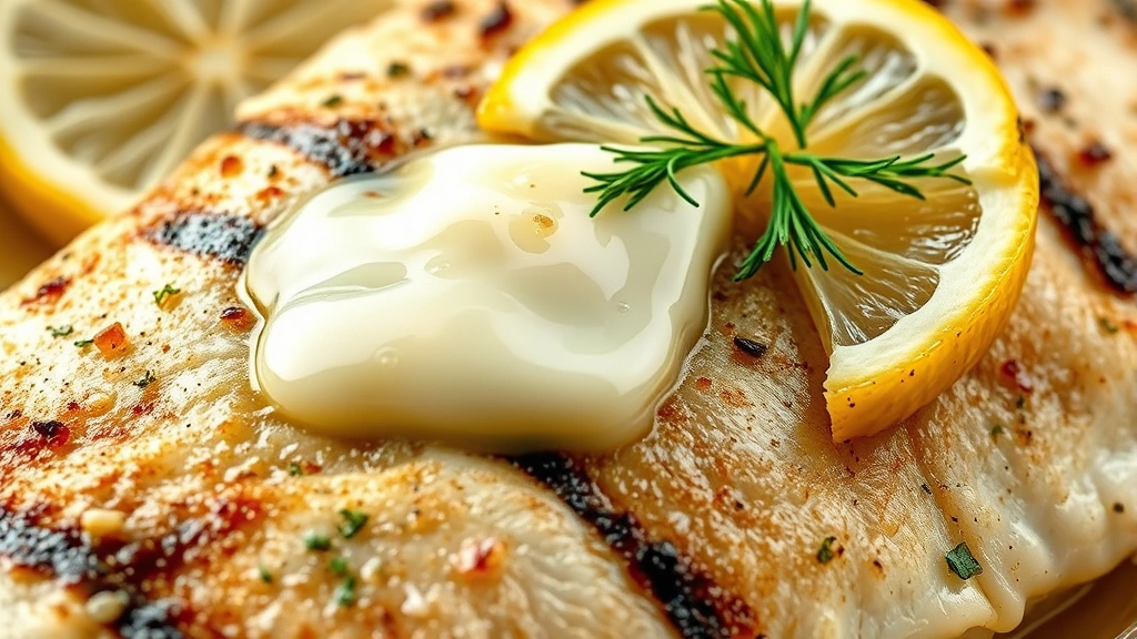 detail: close-up of baked walleye fillet showing flaky white flesh, melting butter, lemon slice, fresh dill garnish, photorealistic, macro photography, warm natural light, no text