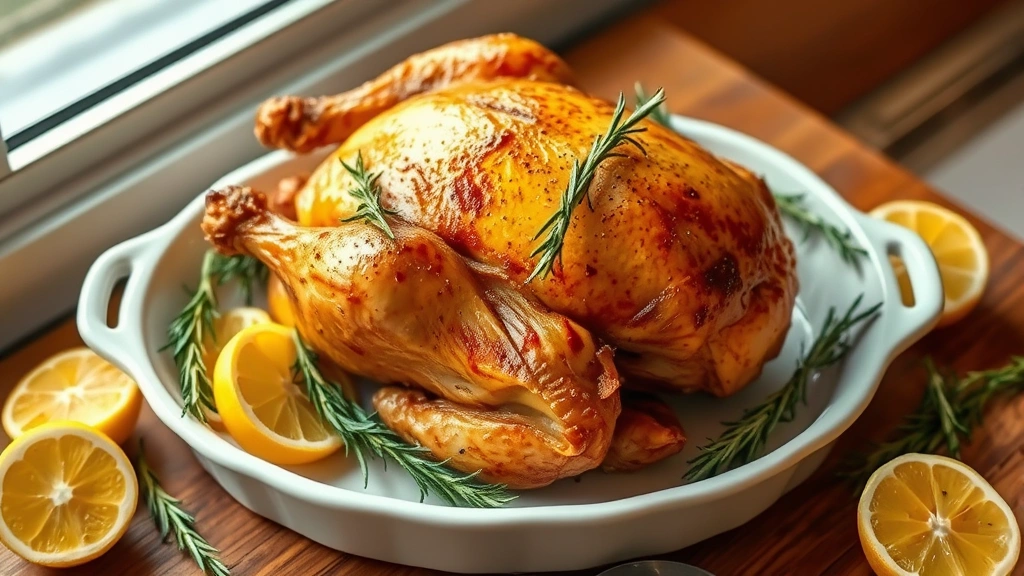 hero: golden roasted whole chicken on white ceramic platter, garnished with fresh rosemary and thyme sprigs, surrounded by lemon halves, photorealistic, warm natural window lighting, shot from directly above, no text