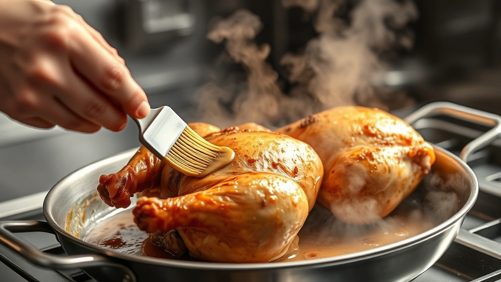 process: hands basting golden roasted chicken with pan juices using a basting brush, steam rising, inside professional kitchen with stainless steel, photorealistic, warm natural light, no text