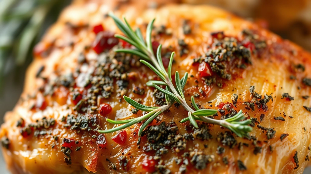 detail: close-up of crispy golden chicken skin with fresh herb crust, rosemary sprigs garnish, shallow depth of field, photorealistic, warm natural light, no text