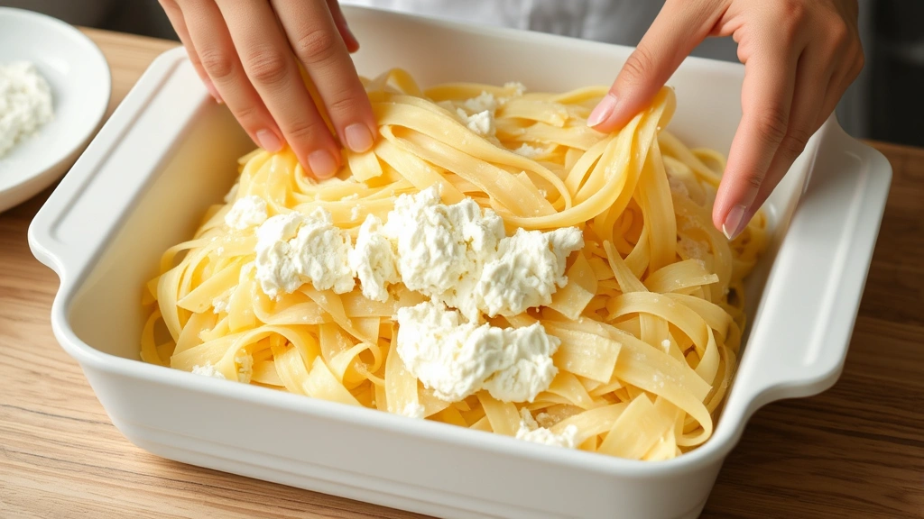 process: hands layering pasta and cheese mixture in white baking dish, ricotta mixture visible, natural kitchen lighting