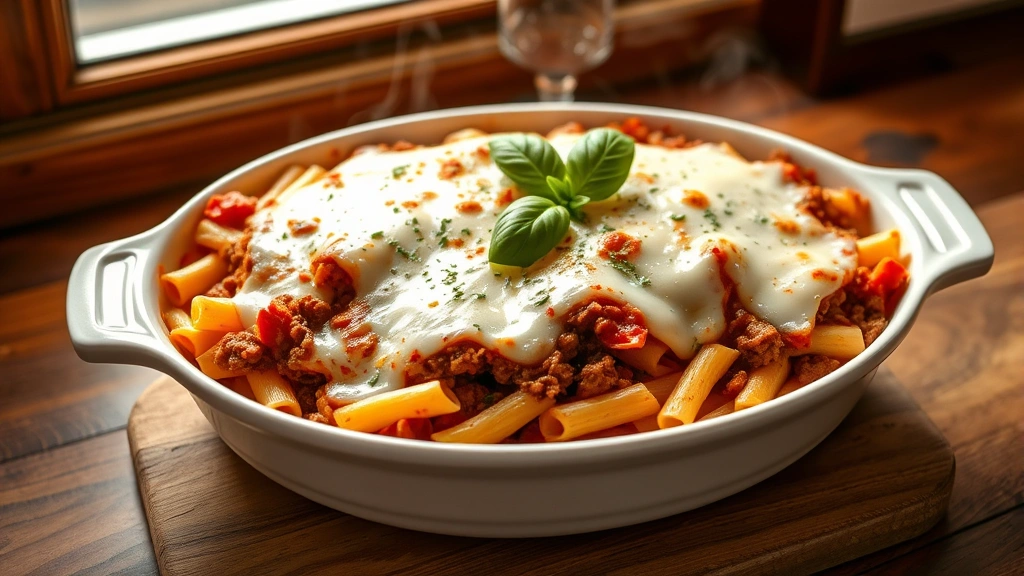hero: Baked ziti with ground beef in a white ceramic baking dish, melted mozzarella cheese on top with golden-brown spots, fresh basil garnish, steam rising, wooden table background, warm natural window light, overhead 45-degree angle, photorealistic, no text