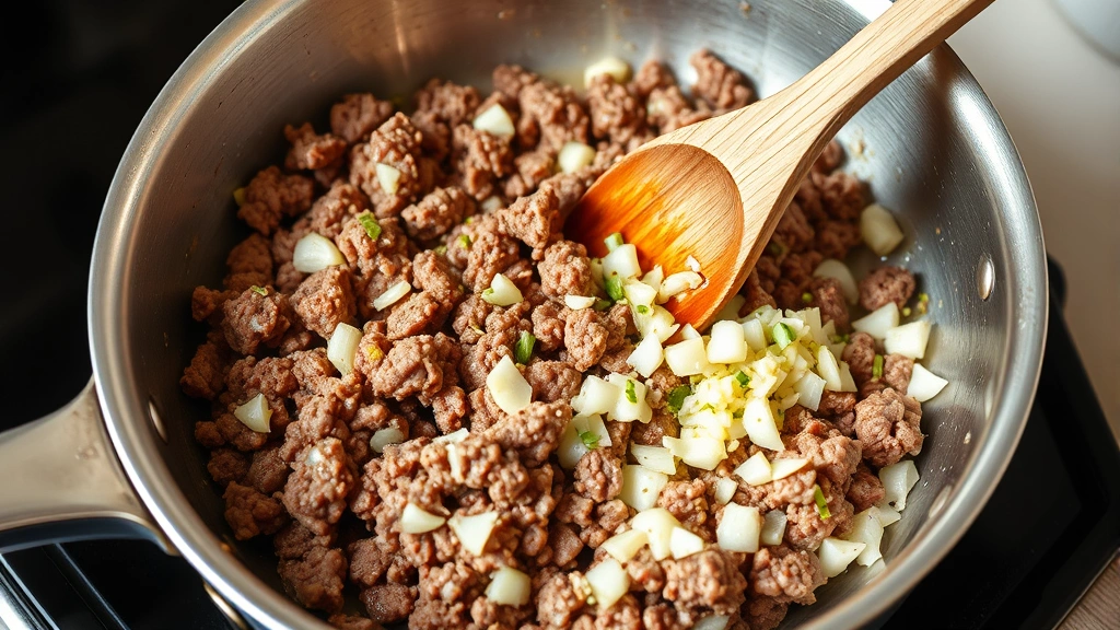 process: Ground beef browning in a stainless steel skillet with diced onions and minced garlic, wooden spoon stirring, close-up side angle, natural kitchen light, photorealistic, no text