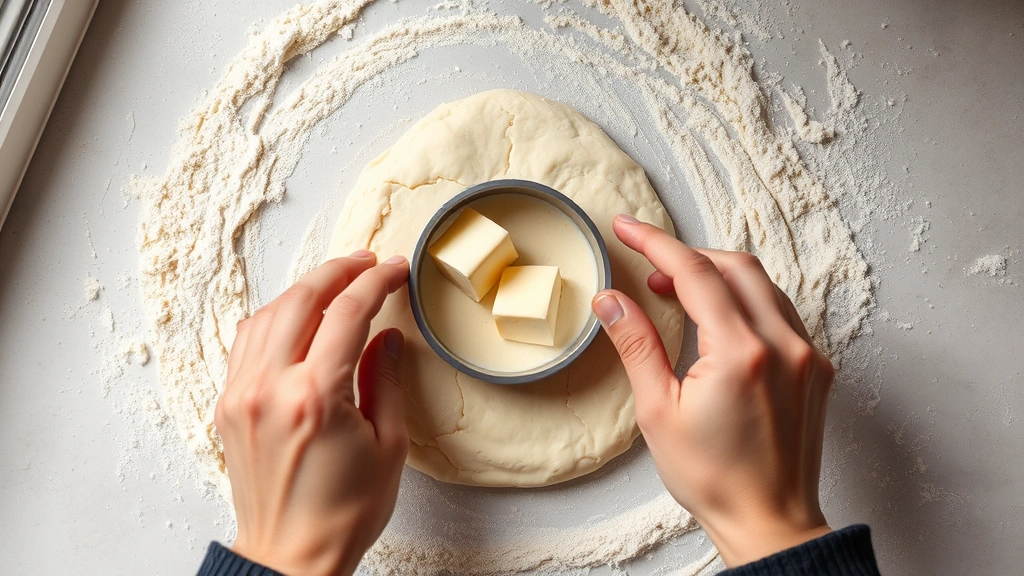 process: hands cutting biscuit dough with a round cutter on floured surface, cold butter pieces visible in dough, natural daylight from window, overhead shot, no text