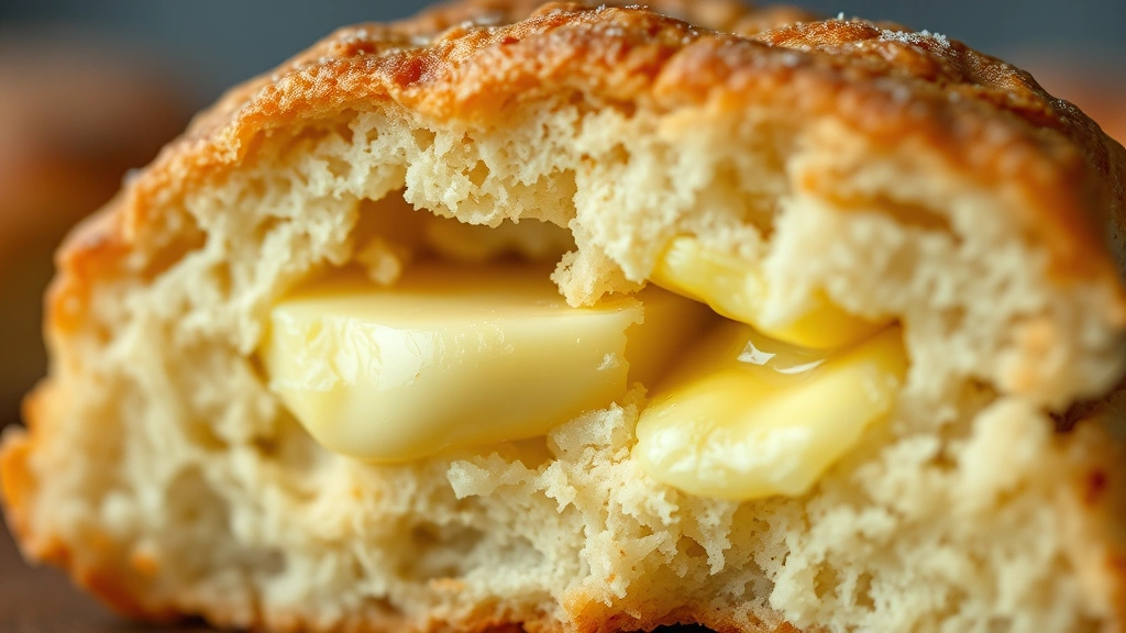 detail: close-up cross-section of a warm biscuit showing flaky layers and fluffy interior, butter melting inside, steam visible, shallow depth of field, no text