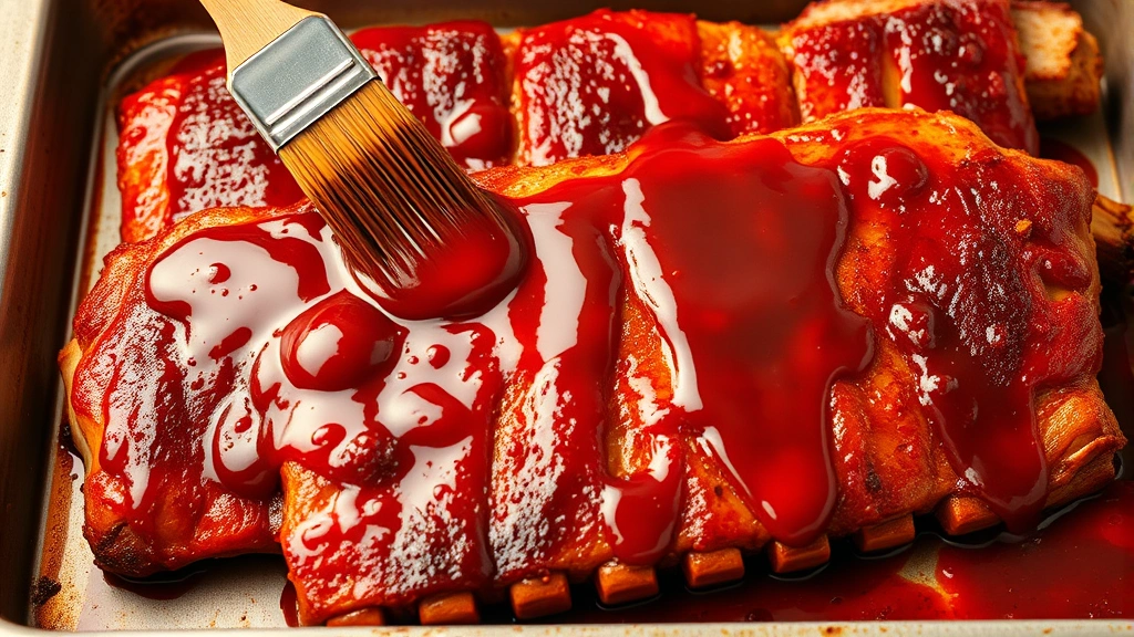 process: brush applying glossy caramelized barbecue sauce to tender ribs in a baking sheet, photorealistic, warm kitchen lighting, no text