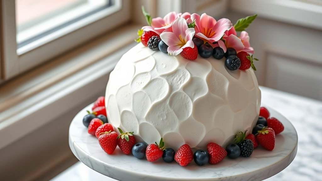 hero: elegant white ball cake with fresh berries and edible flowers on top, photorealistic, natural window light, on marble cake stand, no text