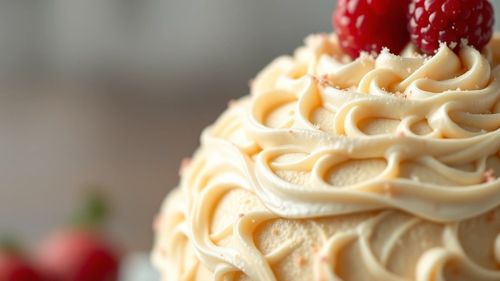 detail: close-up of perfectly frosted ball cake surface with delicate piping and berry garnish, photorealistic, natural light, shallow depth of field, no text