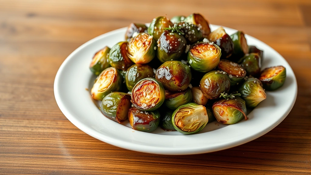 hero: plated balsamic Brussels sprouts with caramelized edges, glistening glaze, Parmesan and thyme garnish, warm natural lighting, wooden table background, no text