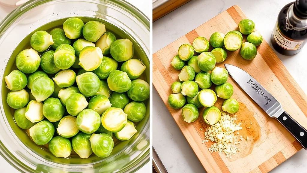 process: Brussels sprouts tossing in bowl with olive oil, fresh halved Brussels sprouts on cutting board with knife, minced garlic, balsamic vinegar bottle, bright kitchen lighting, no text
